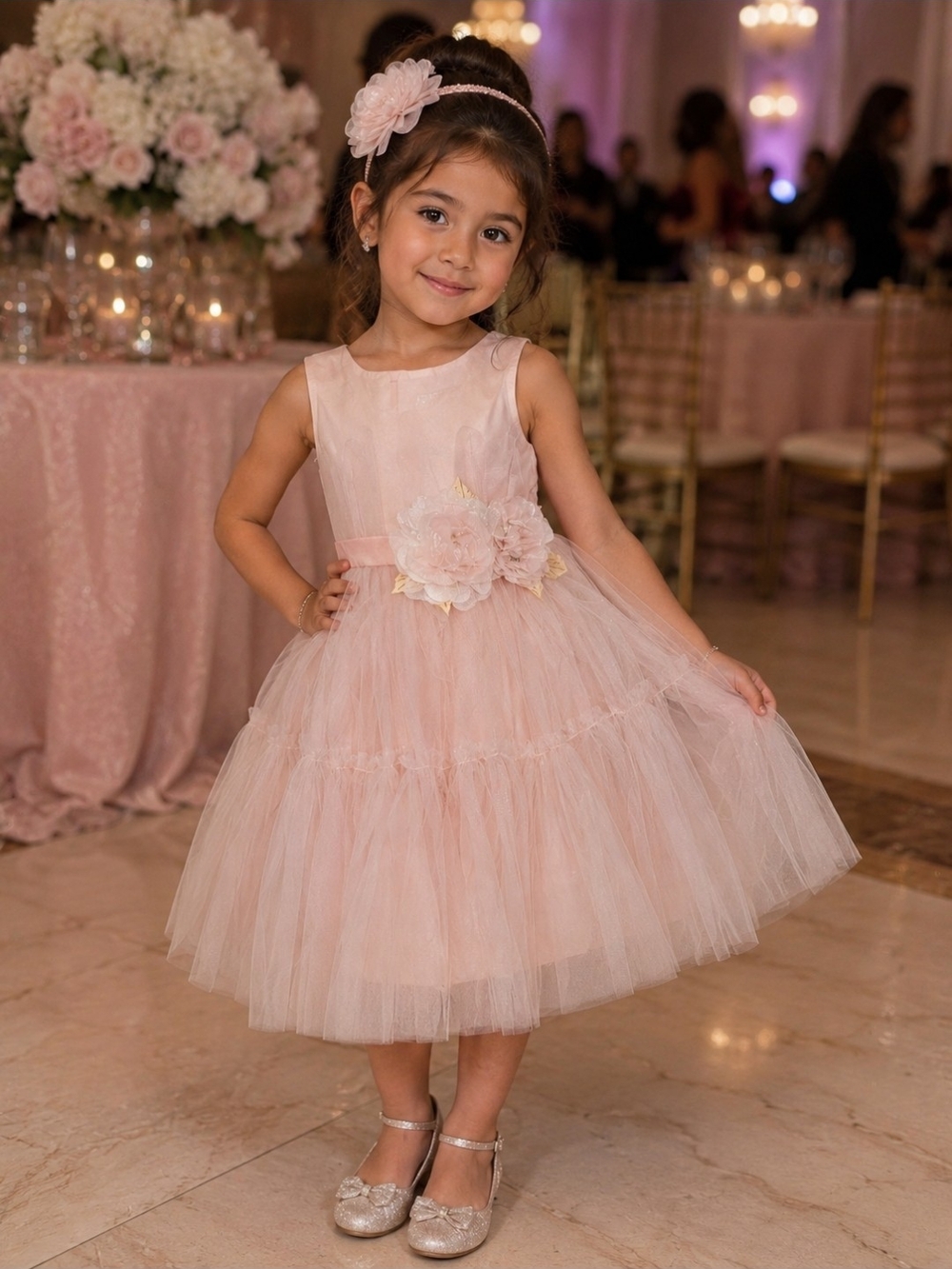 Rose Pink Tulle Flower Waist Party Dress for Girls